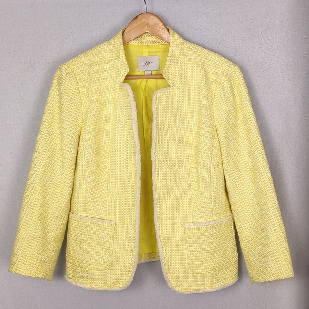 LOFT Yellow White Cotton Tweed Open Front Blazer Size Small